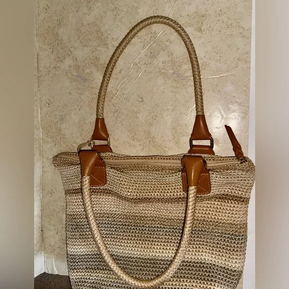 The Sak Cambria Crochet Woven Shoulder Bag Tote Sand Stripe - Picture 3 of 13